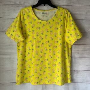 Easy Essentials Yellow Pineapple Polka Dot Print Tee Shirt Short Sleeve Size L
